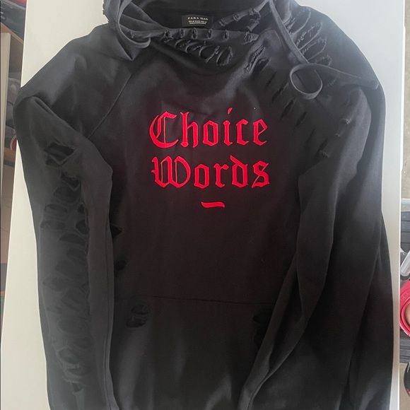 Zara Black Distressed Hoodie with Red Graphic - Picture 1 of 3